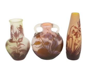 Three Emile Galle Cameo Glass Cabinet Vases