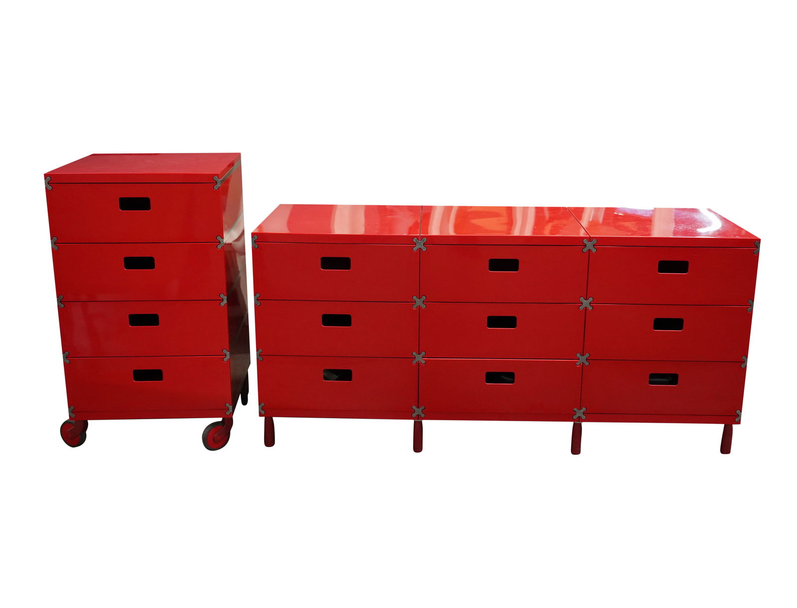 Werner Aisslinger, B. 1936, Two Magis Plus Units: red ABS molded plastic and polished aluminum; Chest: 24 3/4 x 52 x 17 1/4 in. (62.9 x 132.1 x 43.8 cm.), Unit on wheels: 31 x 17 1/4 x 17 1/4 in. (78.7 x 43.8 x 43.8 cm.); Provenance: The Estate of Am