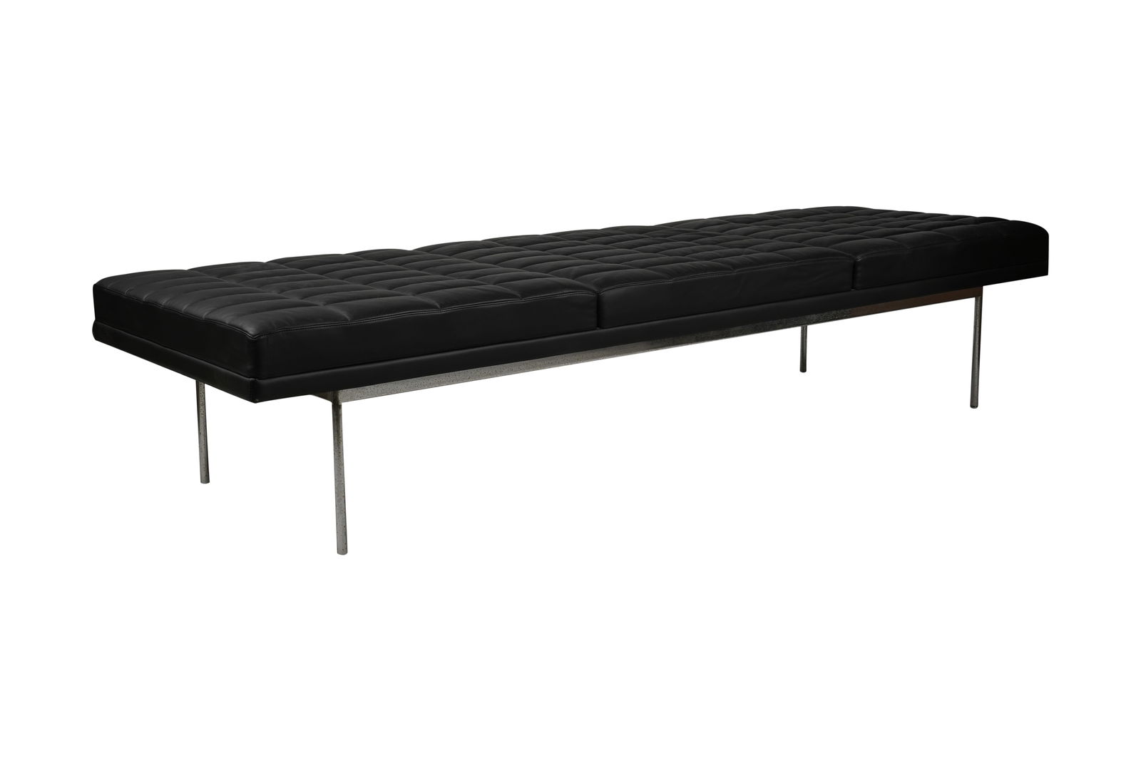 BassamFellows for Geiger: Tuxedo Bench: chromed steel, black leather; unsigned 17 x 83 x 28 in. (43.2 x 210.8 x 71.1 cm.)Provenance: The Estate of Amalia Wechselmann, Beverly Hills, CA Notes: This item does not qualify for in-house shipping