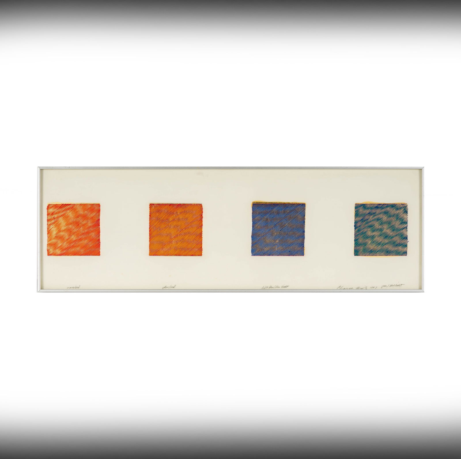 Channa Horwitz, 1932-2013, Sampler: Channa Horwitz American 1932-2013 Four Works (Orange/Red, Yellow/Red, Light Blue/Blue Violet, Green/Blue Violet); casein and gold leaf on one sheet of mylar; 1987; signed, dated and titled in pencil E