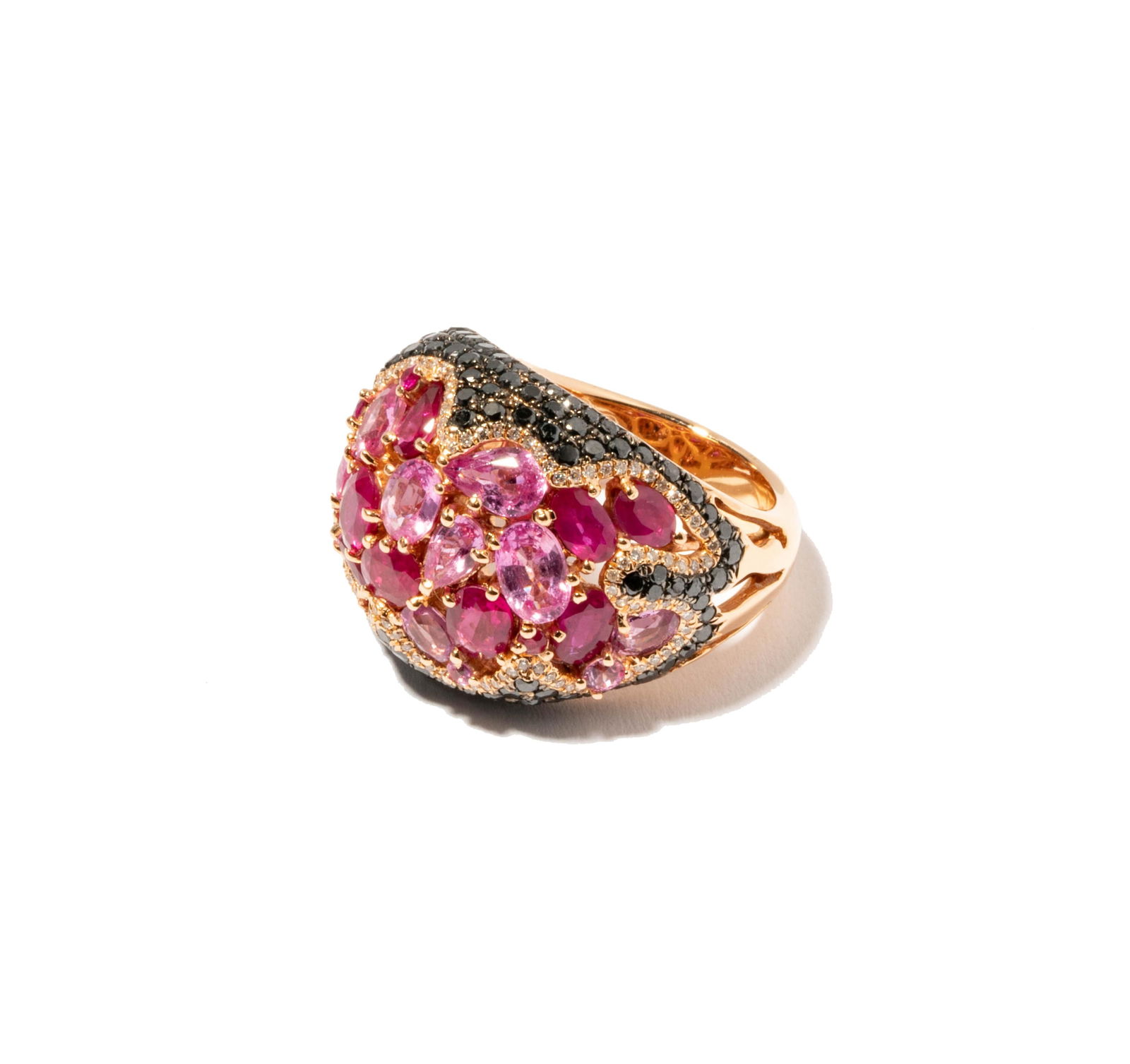18 Karat Rose Gold, Ruby, Pink Sapphire and Diamond Ring