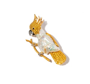 English 18 Karat Yellow Gold and Fancy Yellow Diamond Parrot Brooch