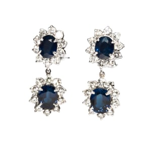 Platinum, 14 Karat White Gold, Diamond and Sapphire Drop Earrings