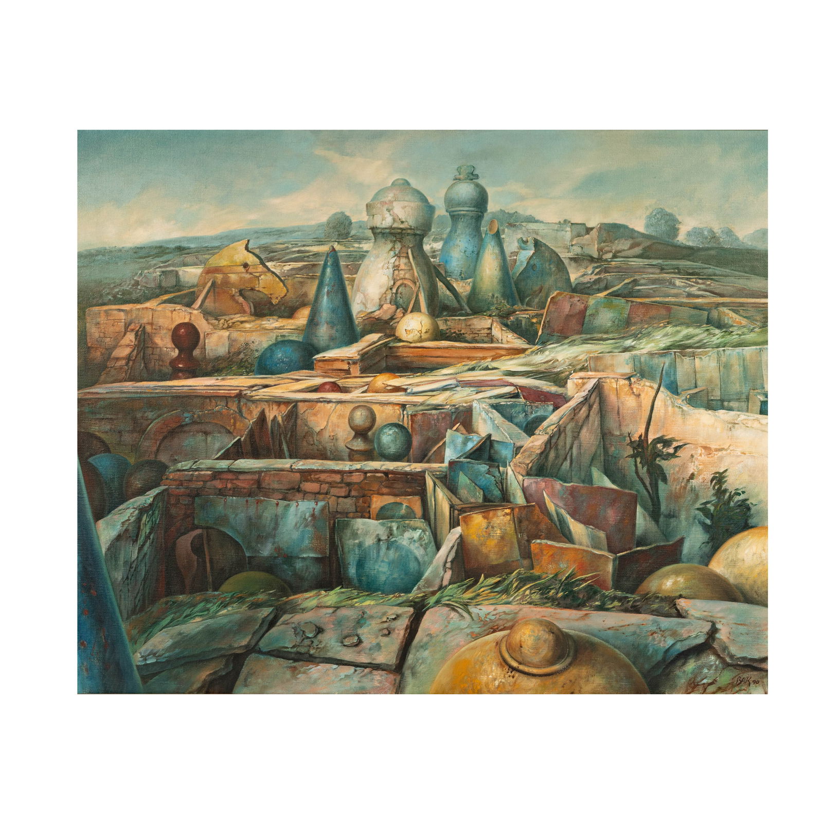 Samuel Bak, B. 1933, New Day: Samuel Bak Israeli B. 1933 Untitled (Surrealist Landscape) oil on canvas 1990; signed and dated lower right 39 x 32 in. (99.1 x 81.3 cm.), Frame: 37 1/2 x 45 in. Provenance: The Estate of Amalia Wechs