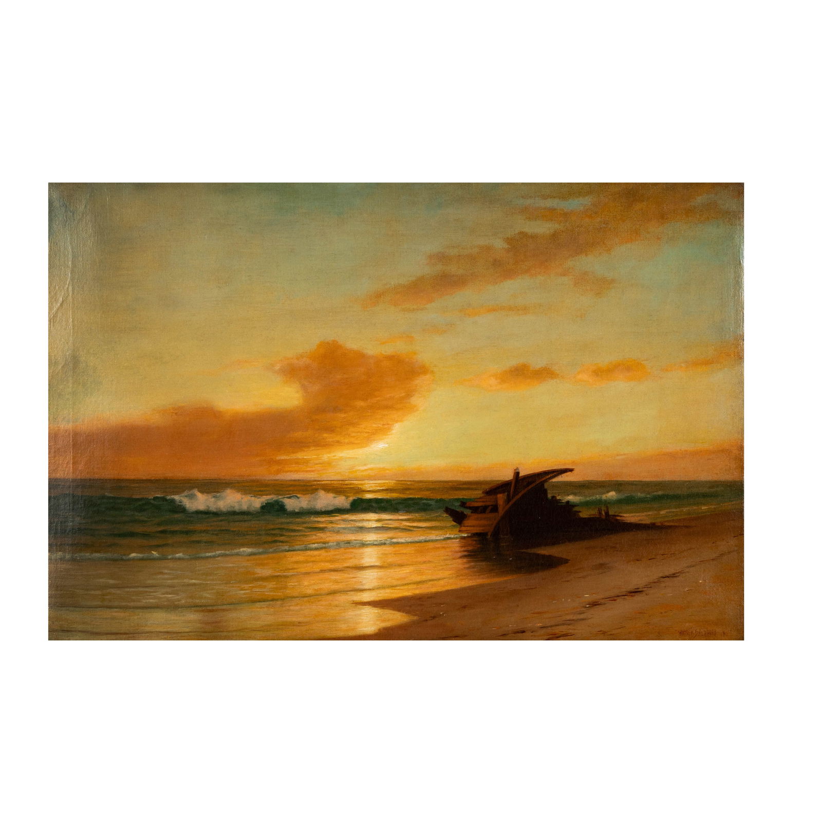 Warren W. Sheppard, 1858-1937, Shipwreck On The Beach at Sunset: Warren W. Sheppard American 1858-1937 Shipwreck On The Beach at Sunset oil on canvas, relined 1911; signed and dated lower right 20 x 30 in. (50.8 x 76.2 cm.), Frame: 28 x 38 in. (71.1 x 96.5 cm.) Not