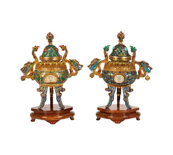 A Pair of Chinese Cloisonne and Filigree Gilt Metal Censers: each with a cabochon-inset cover, dragon-form handles and body inset with a reticulated white stone plaque; each marked "silver" to underside, 7 1/2 x 6 x 3 1/2 in. (19.1 x 15.2 x 8.9 cm.), Each with