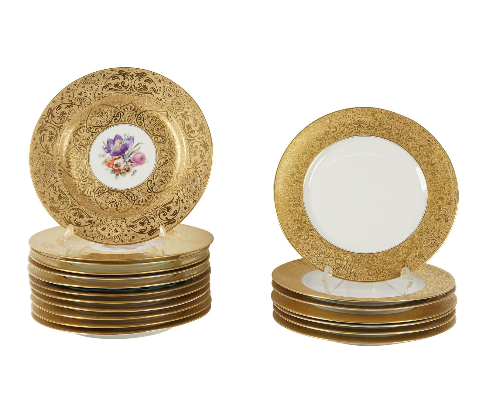 A Group of Bavarian Gilt Porcelain Plates: each with patterned gilt border; comprising 12 Hutschenreuther with polychrome floral decoration in various designs to center, each with printed mark "Royal Bavarian / China / Hutschenreuther / Selb /