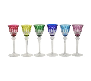 Six St. Louis Tommy Colored Crystal Shot Glasses