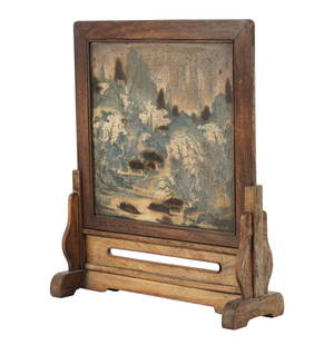 A Chinese Painted Ceramic Table Screen: with wooden frame Overall: 19 1/2 x 16 x 6 1/4 in. (49.5 x 40.6 x 15.9 cm.)