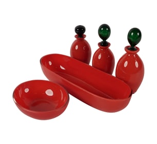 A Red Art Glass Vanity Set
