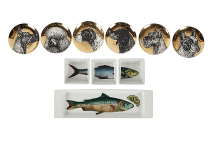 A Fornasetti Porcelain Condiment Set and Six Small Plates