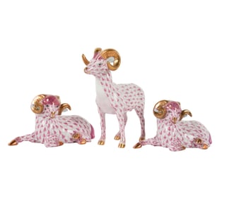 Three Herend Pink Fishnet Porcelain Ram Figures