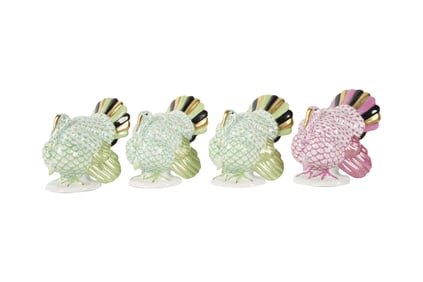 Four Herend Fishnet Porcelain Turkey FIgures