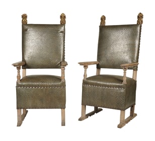 Pair of Spanish Baroque-Style Carved Wood Hall Chairs