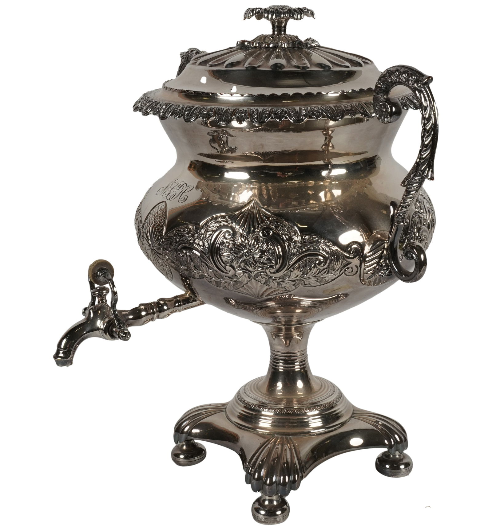 A Silverplate Hot Water Urn: no maker' mark; monogrammed to body "MCH" 16 1/2 x 15 1/2 x 14 in. (41.9 x 39.4 x 35.6 cm.)