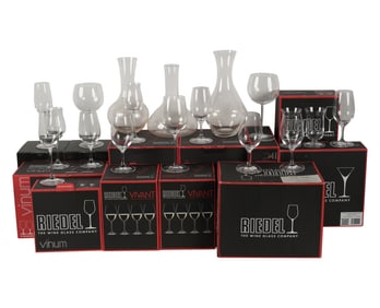 A Group of Riedel Wine Glasses and Decanters