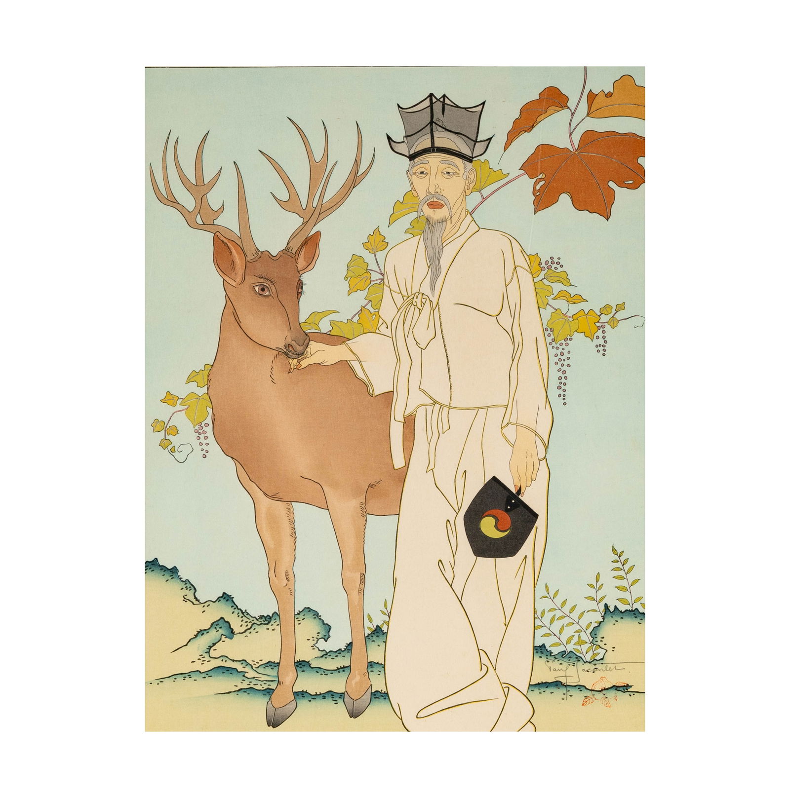 Paul Jacoulet, 1902-1960, Longevite, Coree-Moppo: Paul Jacoulet France/Japan 1902-1960 Longevite, Coree-Moppo color woodblock print on paper signed in pencil and with the artist's red peach ink stamp lower right, printed title in margin lower right,