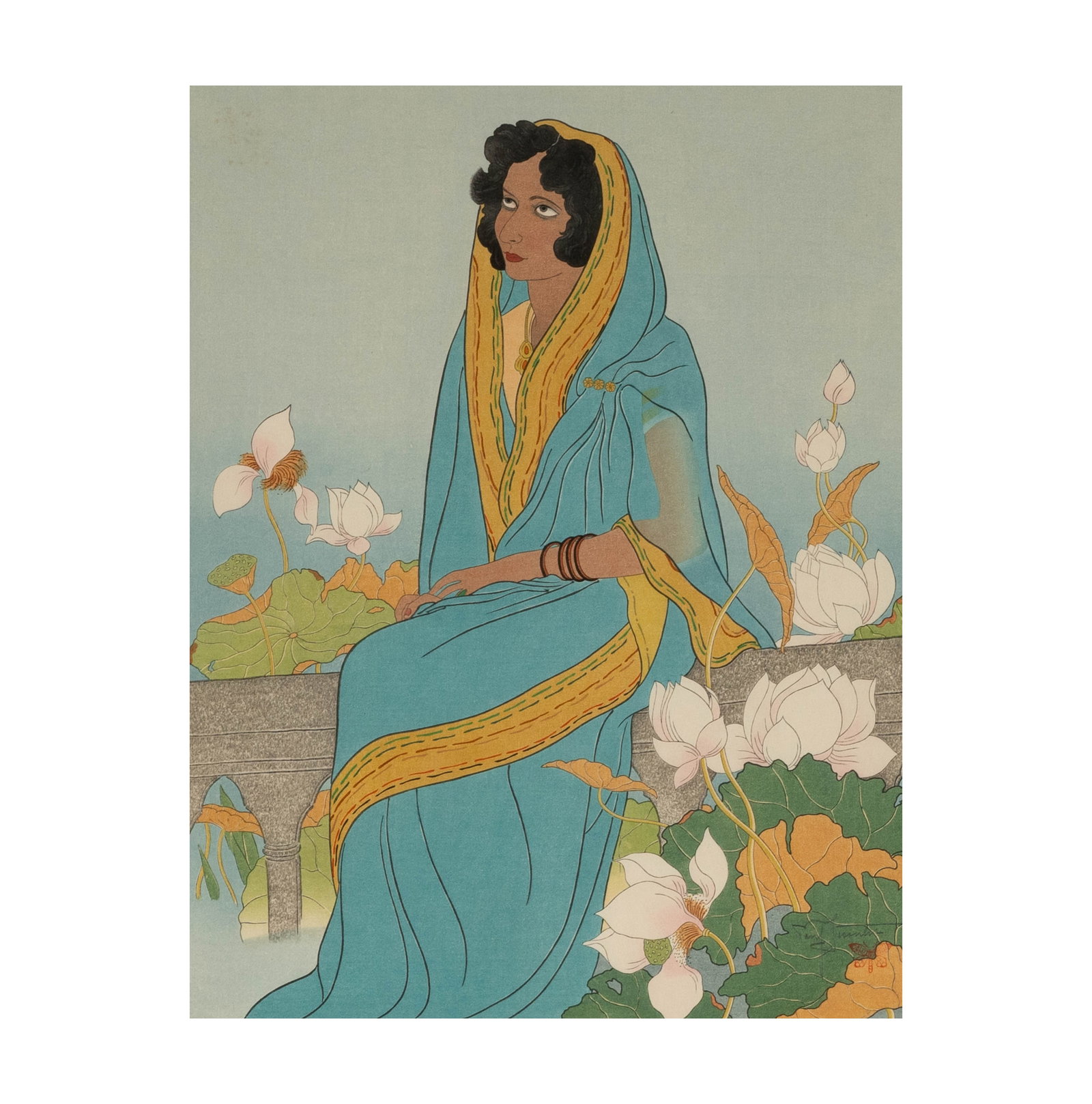 Paul Jacoulet, 1902-1960, La Poetesse Indienne: Paul Jacoulet France/Japan 1902-1960 La Poetesse Indienne color woodblock print on paper signed in pencil and with the artist's red ink stamp lower right, printed title in margin lower right, and carv