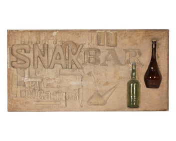 A Glass Bottle-Inset Cast Stone Wall Plaque