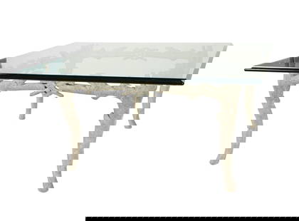 A Faux Bois Square Coffee Table: metal with grey/white finish, with glass top 17 1/2 x 35 3/4 x 35 3/4 in. (44.5 x 90.8 x 90.8 cm.) Notes: This item does not qualify for in-house shipping. Please see our preferred shippers' list for