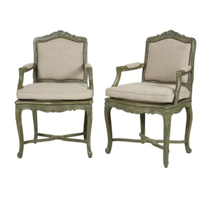 A Pair of Louis XV-Style Green-Painted Armchairs