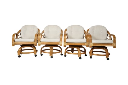 A Set of Rattan Swivel Armchairs with Barstools