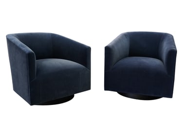Two Restoration Hardware Blue Upholstered Swivel Armchairs