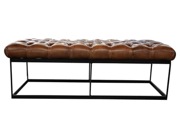 A Restoration Hardware Tufted Brown Leather and Metal Bench