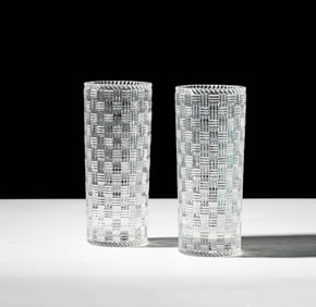 Two Tiffany and Co. Basketweave Crystal Vases