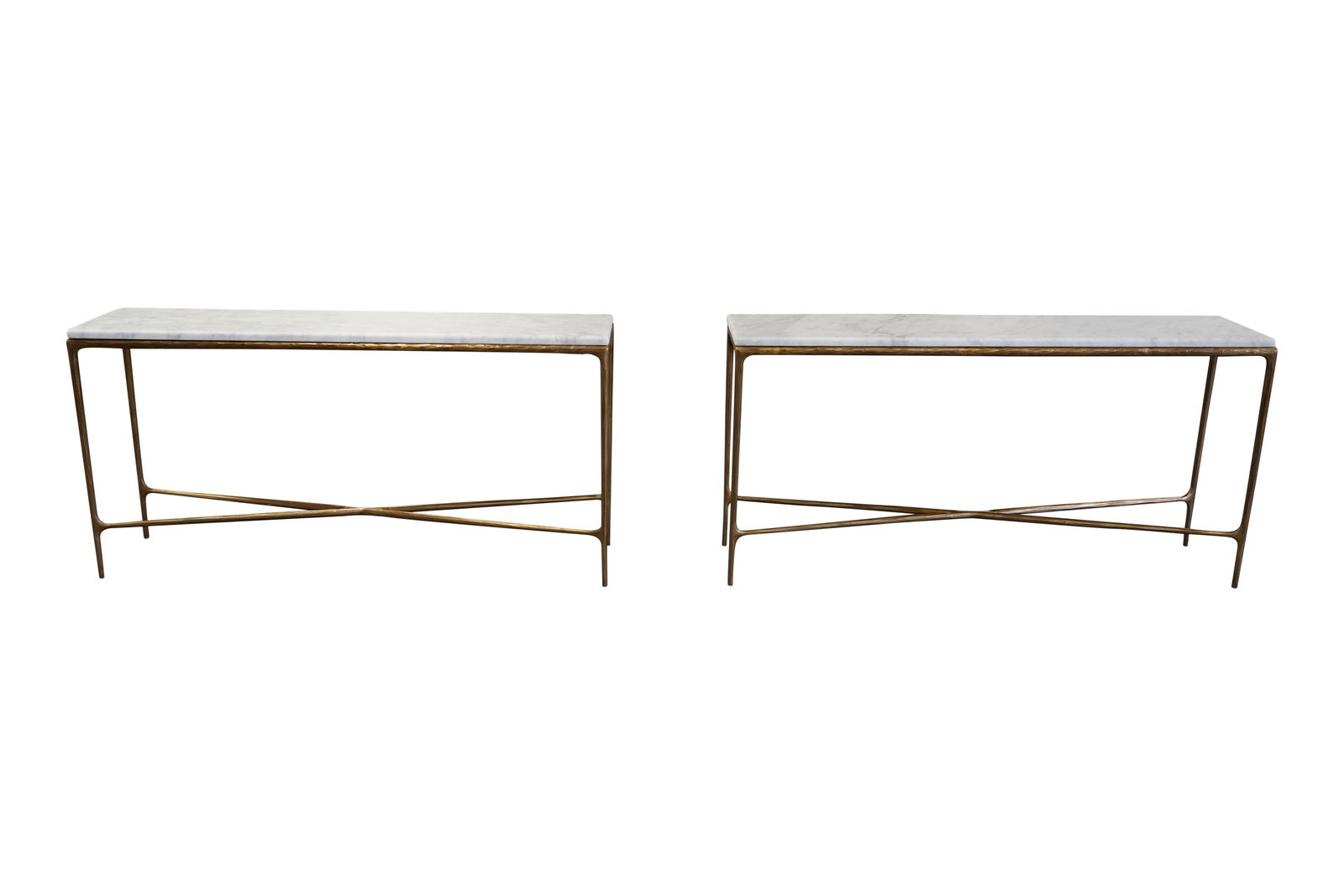 Two Restoration Hardware Thaddeus Console Tables: each with stone top 30 x 60 x 14 in. (76.2 x 152.4 x 35.6 cm.) Notes: This item does not qualify for in-house shipping. Please see our preferred shippers' list for quotes or arrange for local pickup.