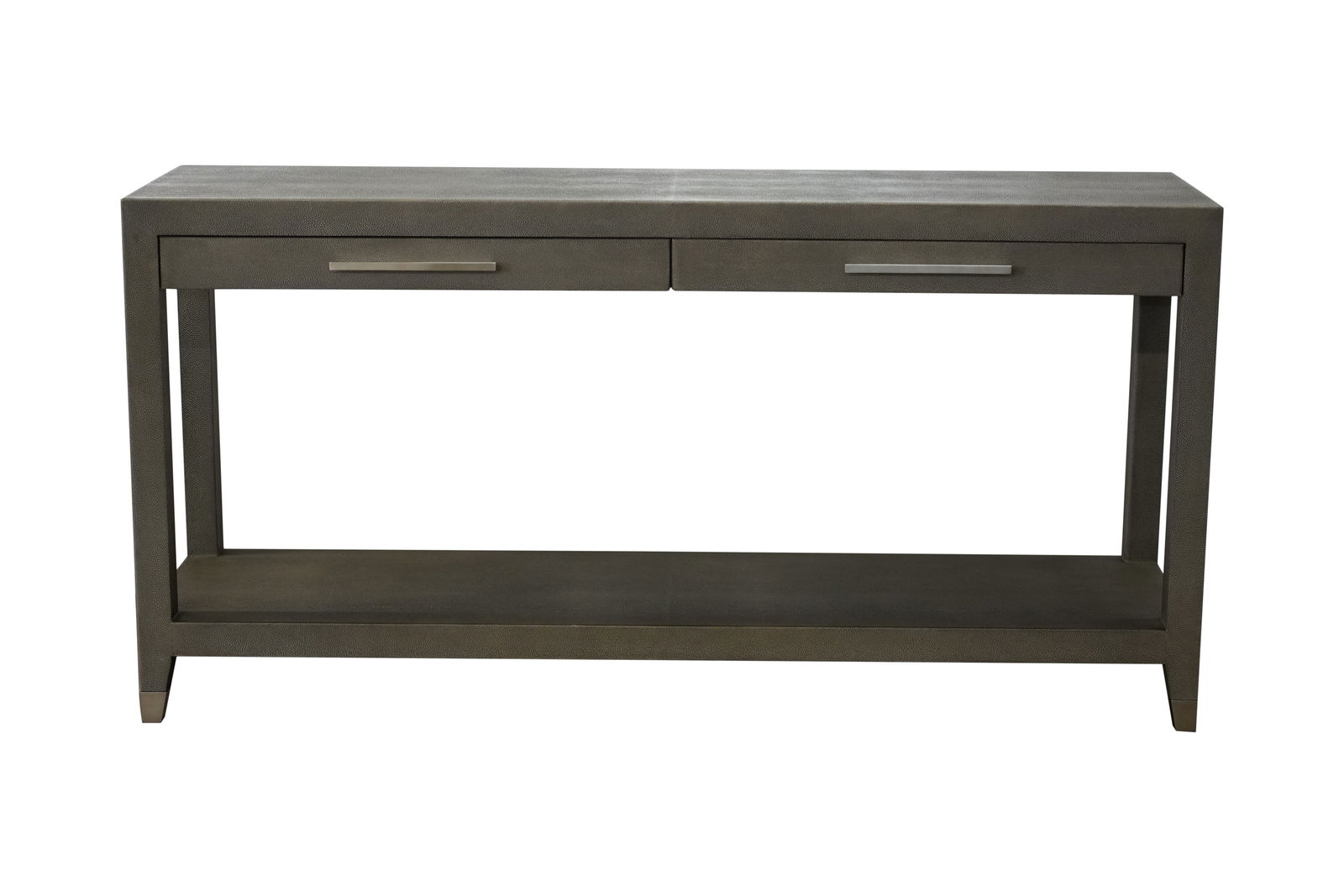 A Restoration Hardware Graydon Console Table: clad in faux shagreen; with two drawers and undershelf 30 x 60 x 16 in. (76.2 x 152.4 x 40.6 cm.) Notes: This item does not qualify for in-house shipping. Please see our preferred shippers' list for q