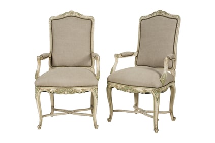 A Pair of Louis XV-Style White and Green-Painted Armchairs