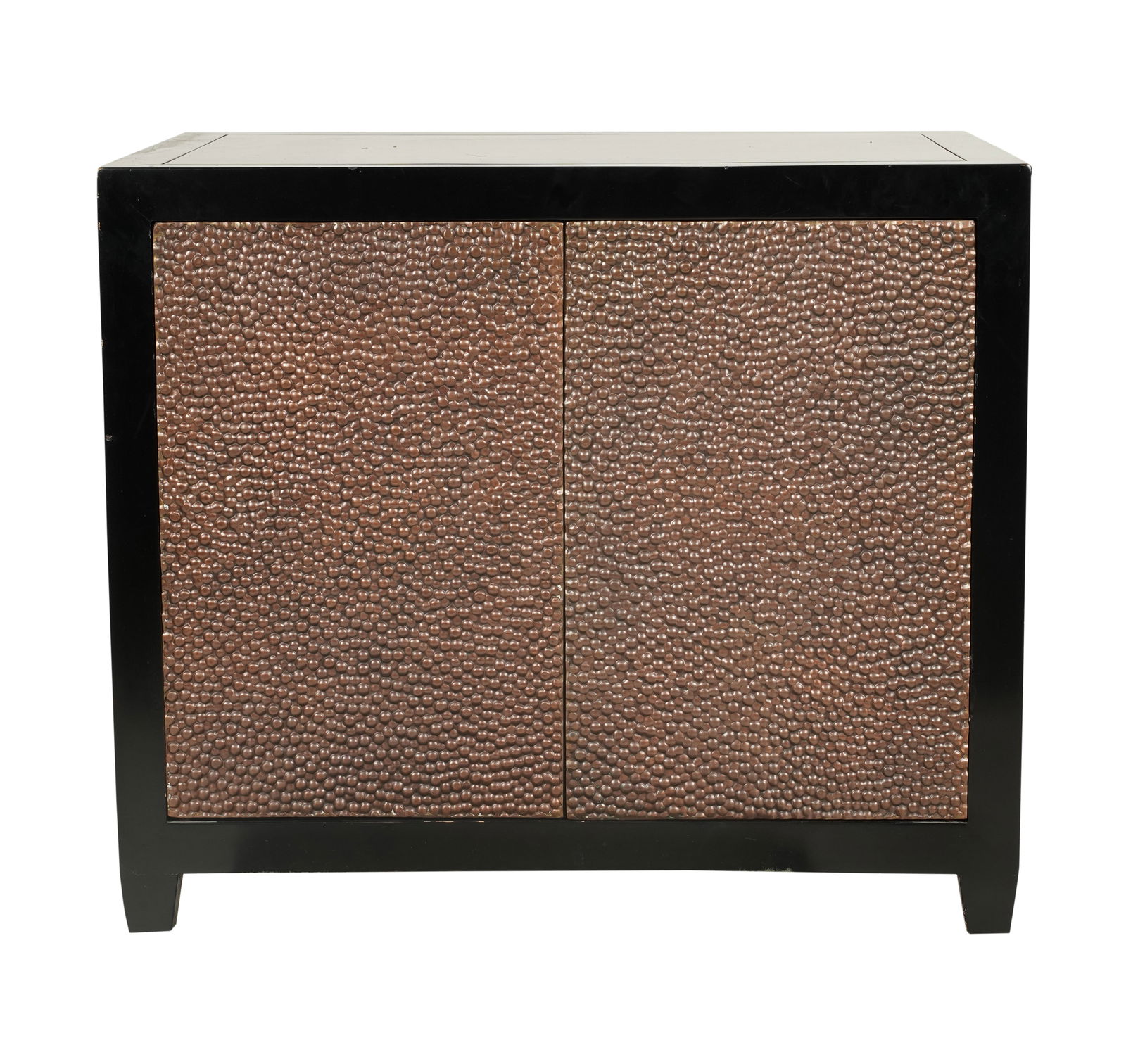 A Robert Kuo Black Lacquered Side Cabinet: with two doors clad in textured patinated metal 27 x 31 3/4 x 22 in. (68.6 x 80.6 x 55.9 cm.) Notes: This item does not qualify for in-house shipping. Please see our preferred shippers' list for quote