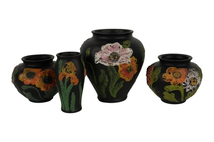 A Group of Tiffin Black Satin Glass Vases