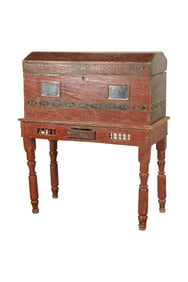 A Mirror-Inset Painted Wood Trunk on Stand