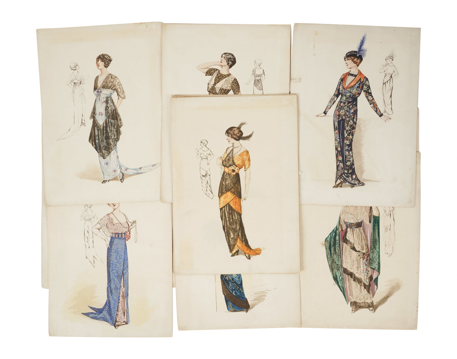 Fourteen French Fashion Illustrations: early 20th century; ink and gouache on heavy paper; unsigned Each sheet: 13 1/2 x 9 1/2 in. (34.3 x 24.1 cm.)