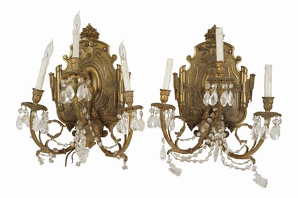 A Pair of Brass Three-Light Wall Sconces