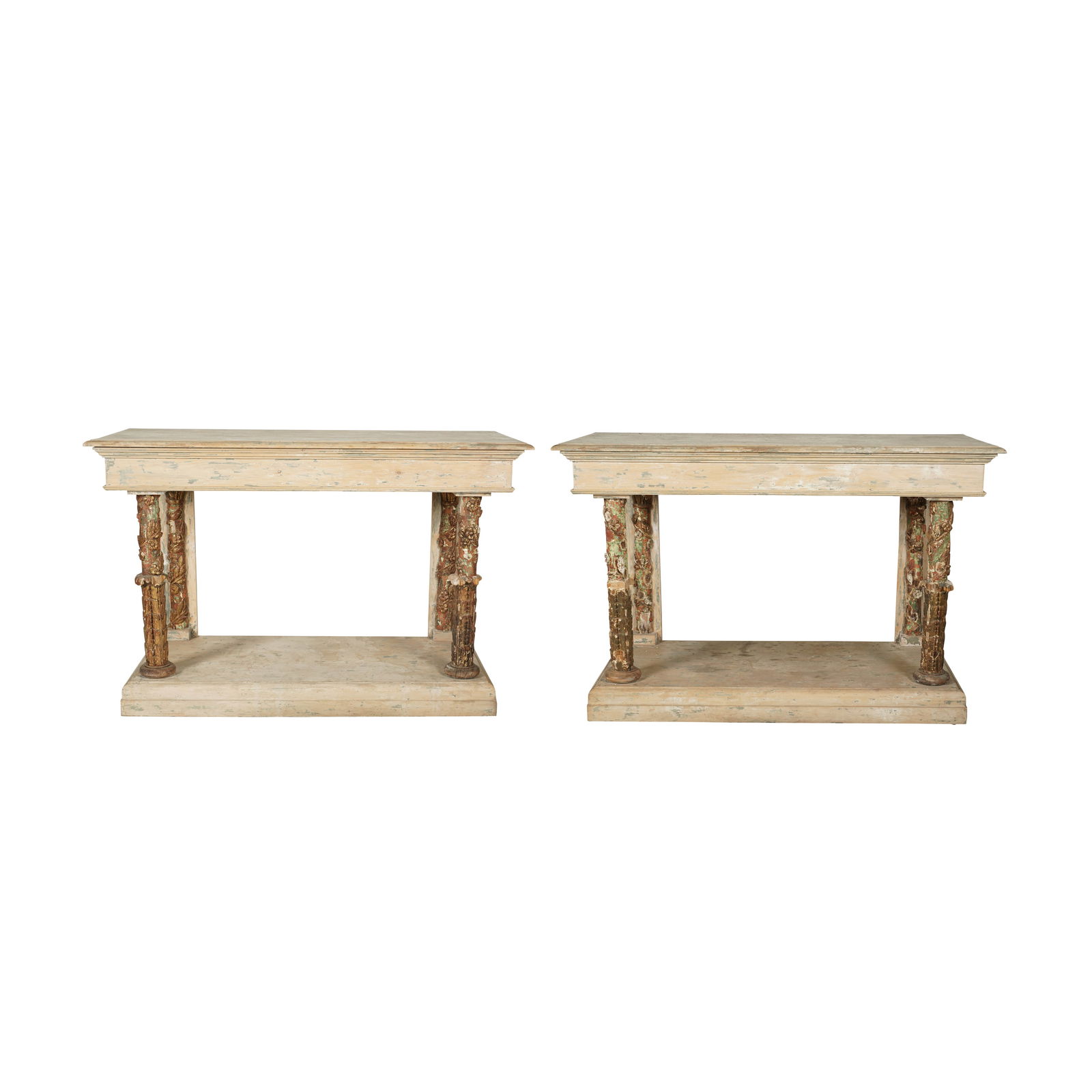 A Pair of Rustic Italian Painted Console Tables: 40 1/4 x 61 1/2 x 25 in. (102.2 x 156.2 x 63.5 cm.) Notes: This item does not qualify for in-house shipping. Please see our preferred shippers' list for quotes or arrange for local pickup. https://www