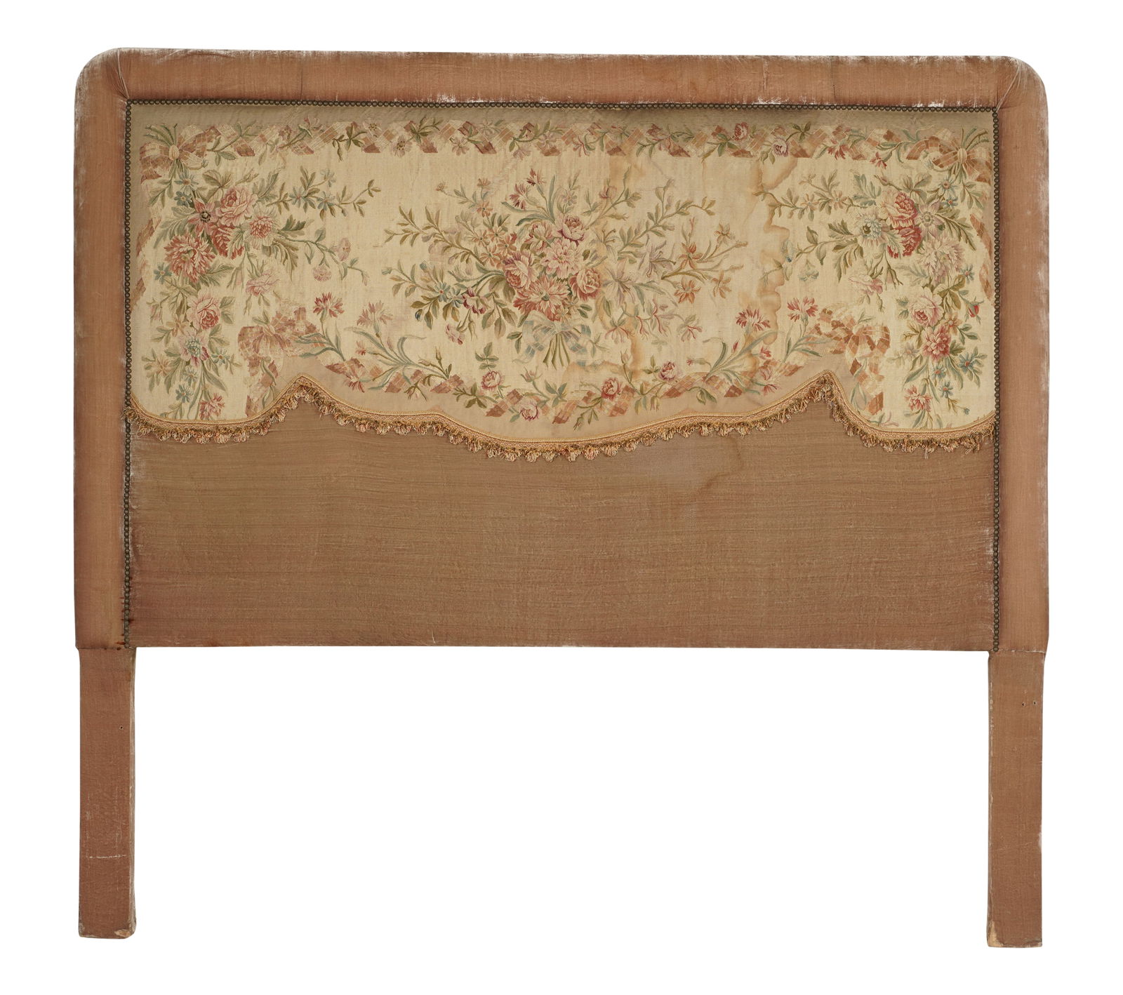 A Tapestry and Mohair Upholstered Headboard: 72 1/4 x 80 x 4 in. (183.5 x 203.2 x 10.2 cm.) Notes: This item does not qualify for in-house shipping. Please see our preferred shippers' list for quotes or arrange for local pickup. https://www.abel