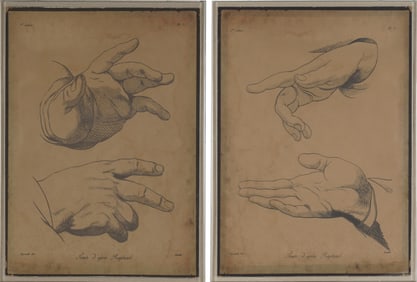 A Pair of Hand Study Engravings in Acrylic Frames