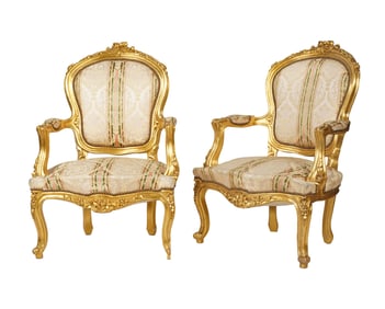A Pair of Rococo-Style Giltwood Armchairs