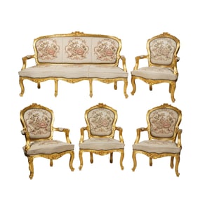 A Five-Piece Rococo-Style Giltwood Salon Set