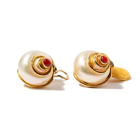 Pair of 14 Karat Yellow Gold, Coral and Shell Earrings