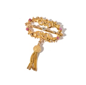 14 Karat Yellow Gold, Diamond and Pink Sapphire Tassel Brooch/Pendant