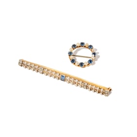 Two 14 Karat, Blue Topaz, Diamond and Pearl Brooches