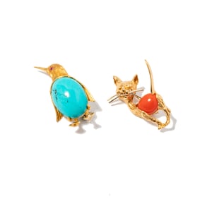 Two Assorted Yellow Gold, Turquoise, and Coral Animal Brooches