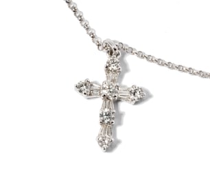 18 Karat Diamond Cross Pendant and 14 Karat Gold Chain