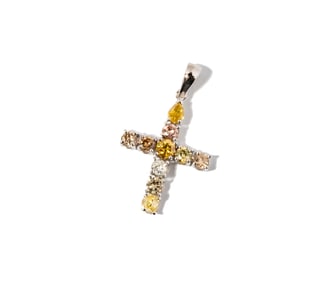 14 Karat White Gold, Multi-colored Diamond Cross