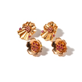Two Pairs of 14 Karat Rose Gold, Diamond and Ruby Earrings