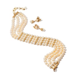 14 Karat Yellow Gold, Diamond and Pearl Necklace and Earrings